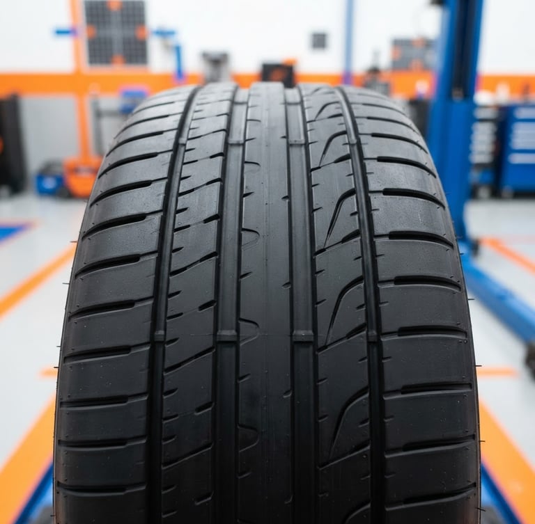 Close-up of a pristine tire tread pattern under bright studio lighting, sharp focus on the rubber grooves, safety orange calibration lines in the background, 35mm