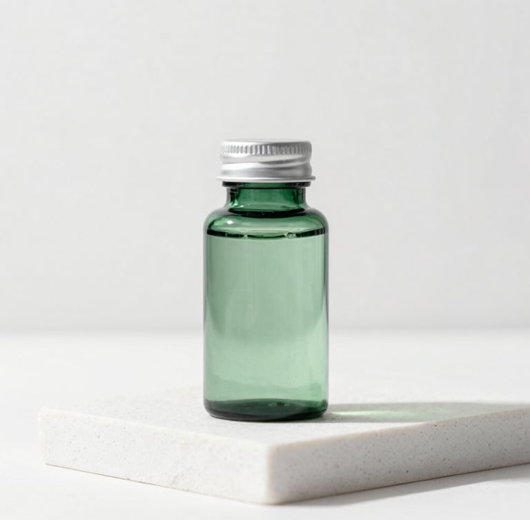 Bright clinical photography, a minimalist green-tinted glass supplement bottle on a sterile white stone platform, soft diffused daylight, high-end editorial, 50mm