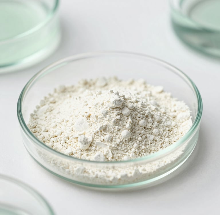 Macro shot of pure active ingredient powder in a clean laboratory glass petri dish under bright daylight, soft sage green accents