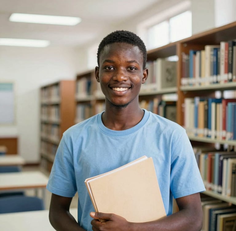 A bright medium-close portrait of a young Senegalese student smiling in a sunlit library in Dakar, holding a folder, 35mm photography, shallow depth of field