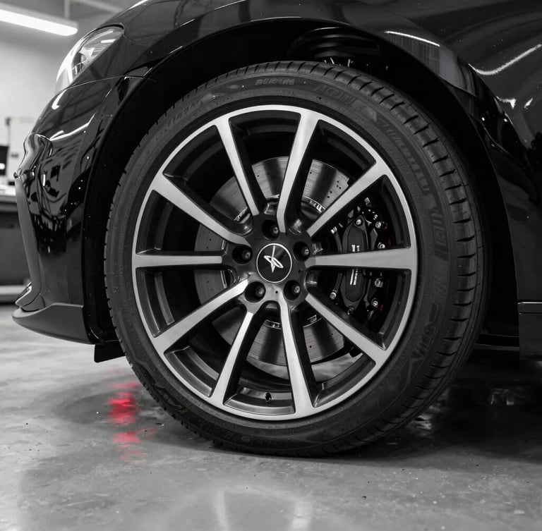 Pristine modern German sports car wheel and brake caliper under high-contrast studio lighting, clean concrete floor, subtle red reflections, clinical workshop background, 50mm photography