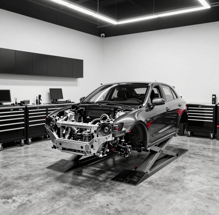 Immaculate workshop interior with a clean concrete floor, professional tool cabinets, and a high-end car chassis on a lift, sharp clinical lighting, 50mm