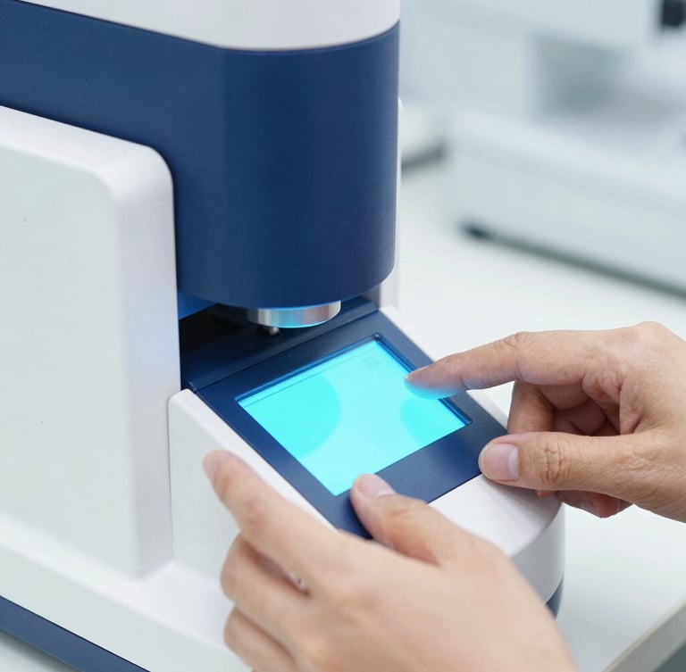 Close-up of technical hands calibrating a high-precision clinical analyzer with luminous cyan interface, bright high-key studio lighting, sterile white and deep blue tones, sharp focus, 50mm