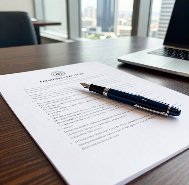 Close-up of official legal documents with a premium fountain pen resting on a dark wood desk, soft natural light from a high-rise window overlooking Dubai, sharp focus, 35mm