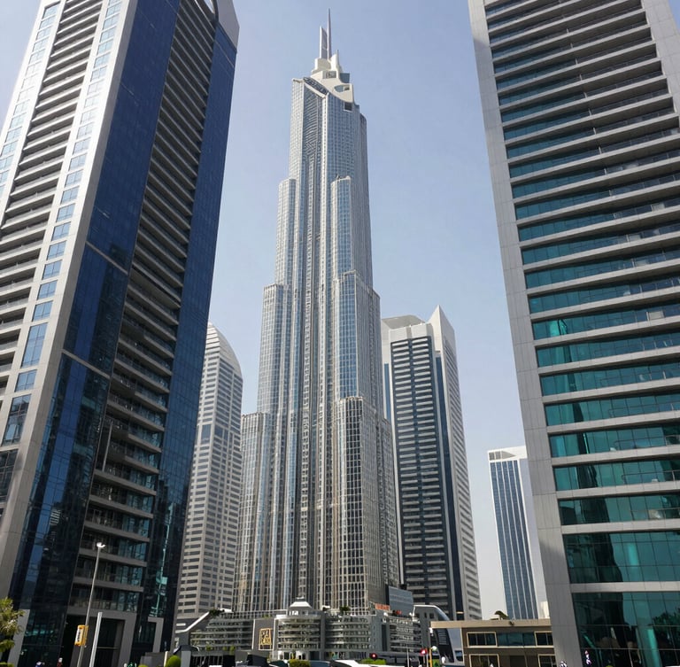 Wide-angle architectural view of Dubai's financial district under bright daylight, soaring modern skyscrapers with clean glass facades, sharp shadows, 35mm corporate photography.