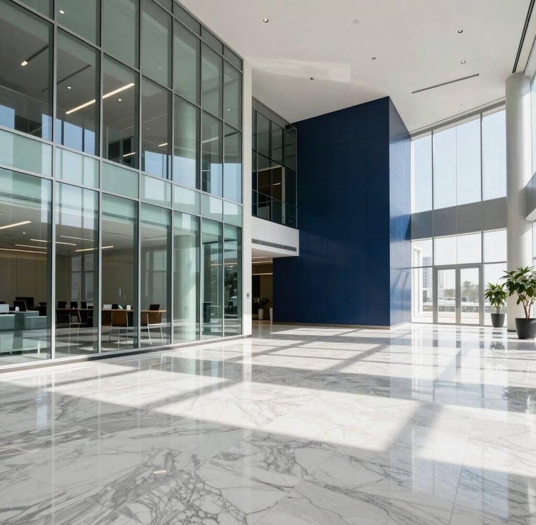 Wide-angle, eye-level shot of a modern, sunlit corporate office lobby in Dubai, clean marble floors, architectural glass, professional navy tones, 35mm