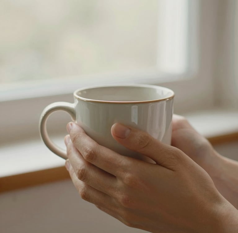 Close-up of hands gently holding a warm ceramic mug, soft natural light from a window, peaceful and comforting, shallow depth of field, 35mm