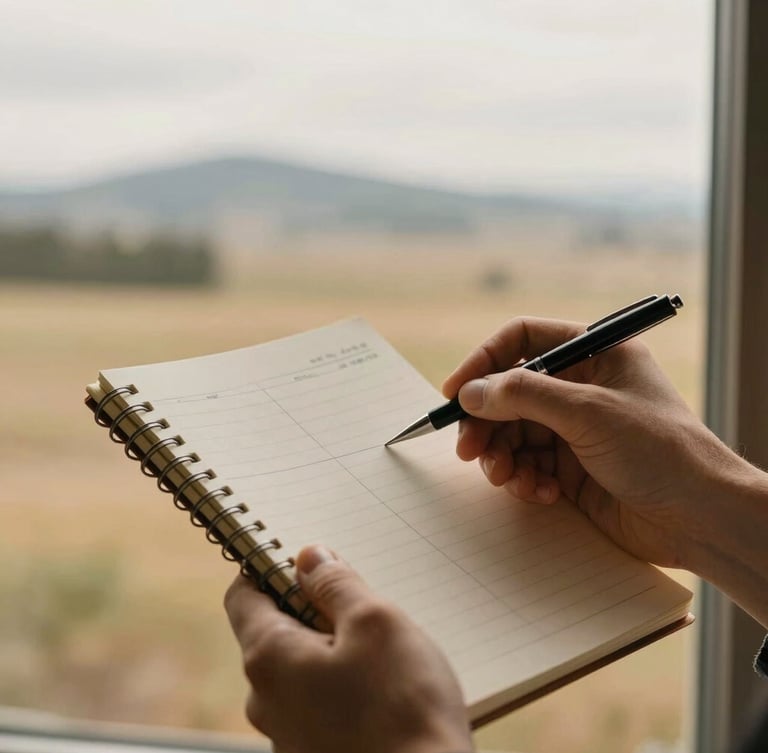 Warm editorial photography of hands holding a notepad and pen, mapping out steps, with a soft-focus background of a North Idaho landscape through a window. Overcast daylight, muted earth tones, shallow depth of field.
