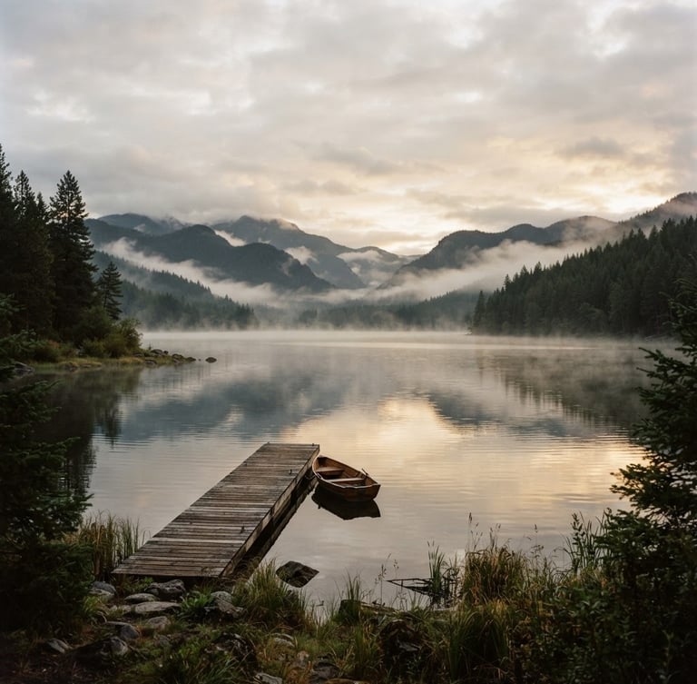 Wide panoramic North Idaho landscape at dawn, soft light breaking through clouds over a serene lake, gentle mist, quiet hope, shallow depth of field, 35mm