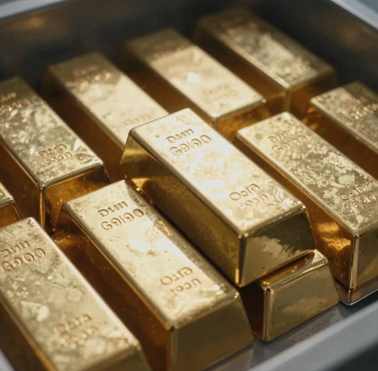Extreme close-up of raw unrefined gold bullion bars stacked in a secure vault, harsh natural daylight casting deep shadows, desaturated metallic tones