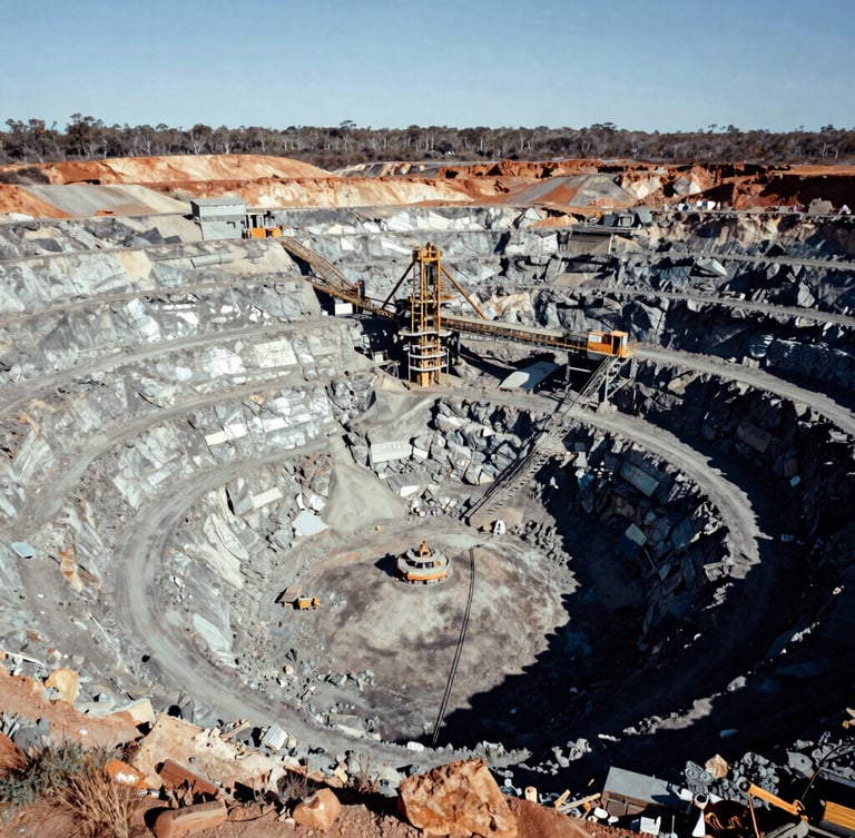 Aerial wide environmental shot of an active open-cut gold mine in Western Australia, harsh natural daylight, deep shadows, desaturated metallic tones, 35mm.