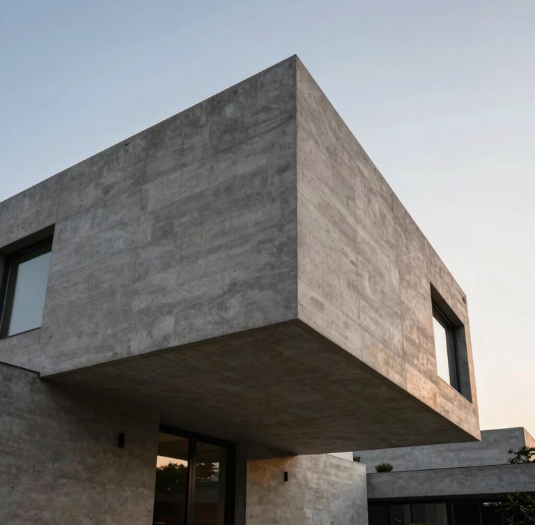 Low-angle architectural shot of a modern concrete cantilevered villa against a crisp morning sky, natural stone textures, minimal lines