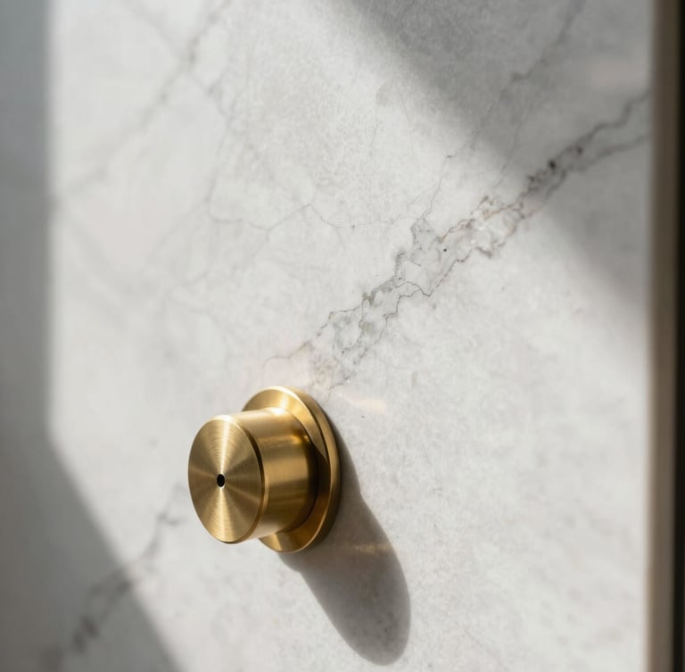 Tight abstract detail shot of premium white marble veins and brushed brass fixtures in indirect morning light