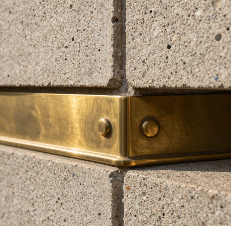 Portrait crop of a brushed brass architectural joint meeting raw textured stone, indirect morning light emphasizing the physical materials