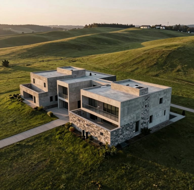 Low-angle drone shot of a monolithic concrete and stone estate integrated into a rolling green meadow, soft warm golden hour light.