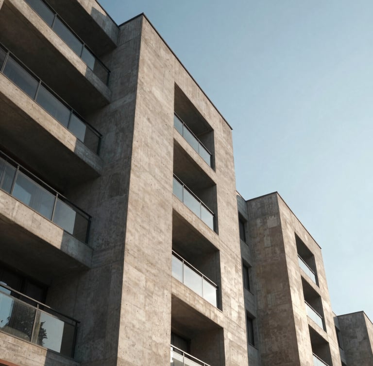 Low-angle morning light hitting a monolithic concrete and limestone residential facade, sharp shadows, clean joinery, negative space sky.