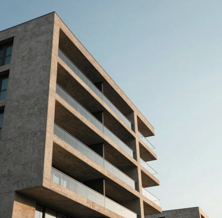 Low-angle golden hour shot of a monolithic concrete and glass residential structure, sharp architectural angles, clean joinery, expansive sky, negative space on the right.