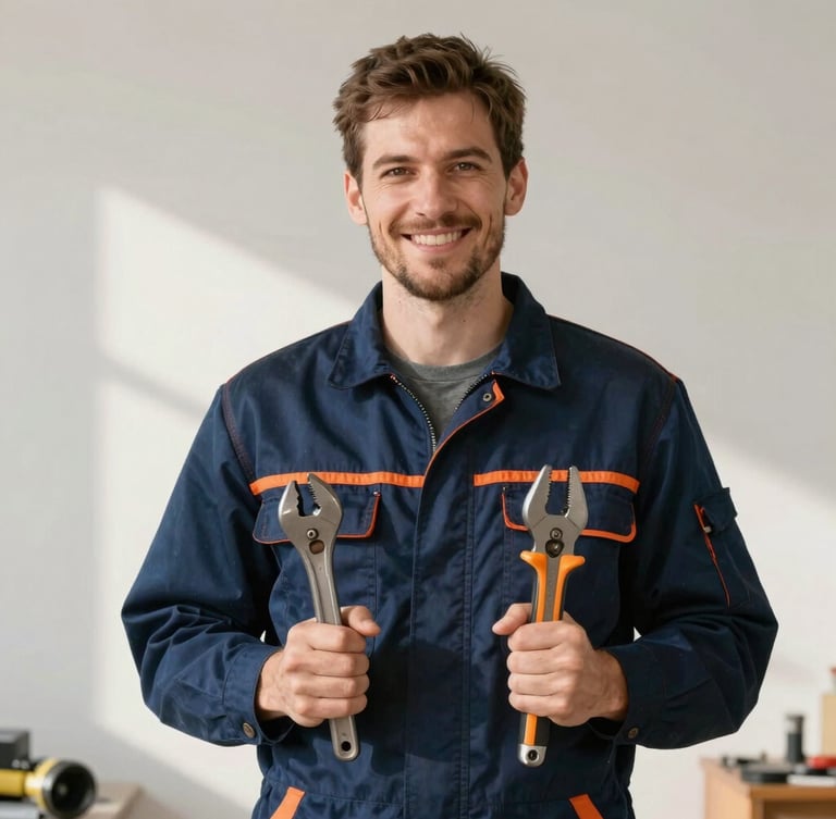 Straight-on medium shot of a craftsman in clean dark blue workwear with orange details, holding professional tools, smiling naturally in bright morning light, clean background.