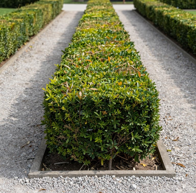 Straight-on shot of a perfectly trimmed hedge line along a clean gravel path, bright morning daylight, symmetrical composition.