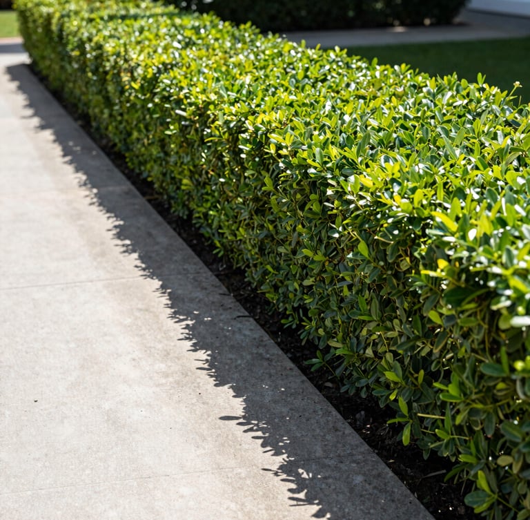 Straight-on clean daylight shot of a perfectly trimmed hedge line next to a spotless concrete pathway, sharp shadows, high order.