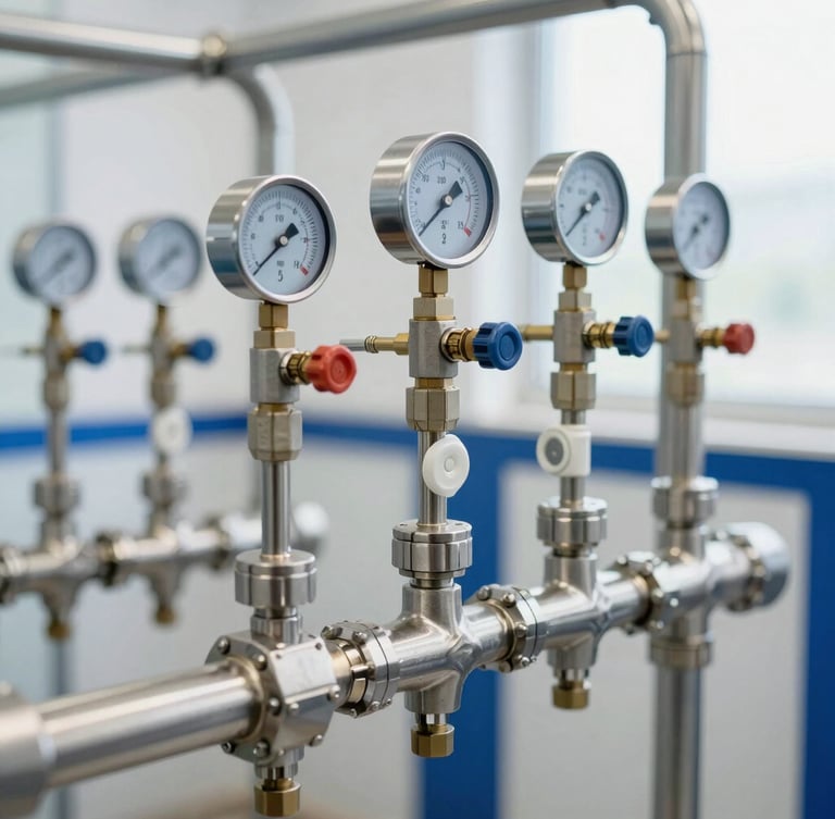 Close-up of a stainless steel water purification manifold with pressure gauges and valves, bright clean utility room lighting, sharp industrial focus.