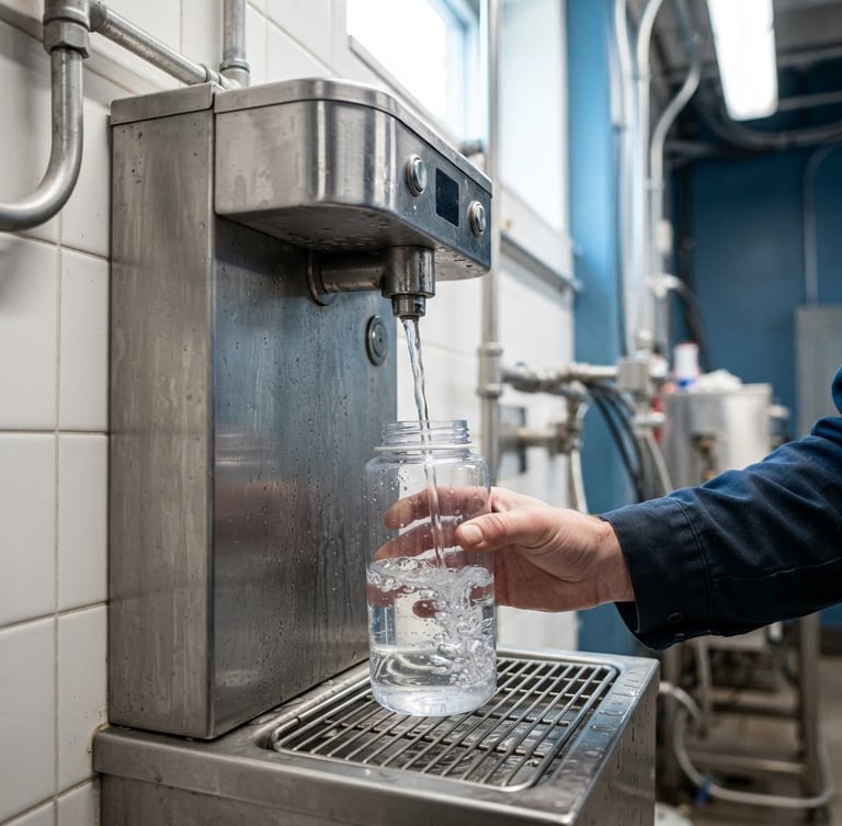 Close-up of a stainless steel water filling station, water flowing into a clear bottle, bright utility room lighting, sharp industrial focus, 35mm