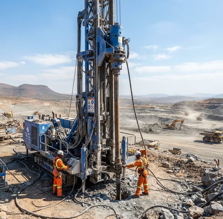 Wide shot of a massive blue hydraulic drilling rig operating under bright South African sunlight, industrial steel pipe being lowered, professional engineering context.