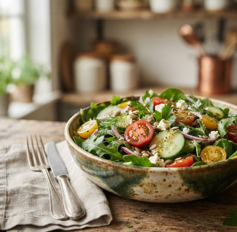 Wide vertical editorial food photography of a fresh, vibrant, colorful salad bowl with mixed greens, cherry tomatoes, cucumber, and a light dressing, soft natural daylight, rich organic green tones, shallow depth of field, 35mm, placed to the right.