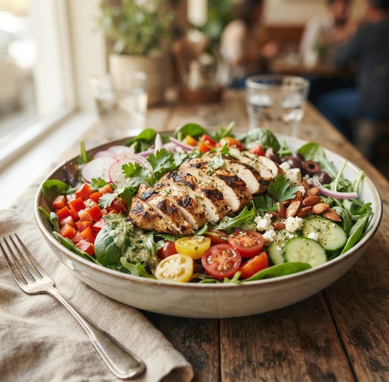 Wide shot of a vibrant, freshly prepared salad bowl with grilled chicken and various colorful vegetables, soft natural daylight, shallow depth of field, rich organic green tones.