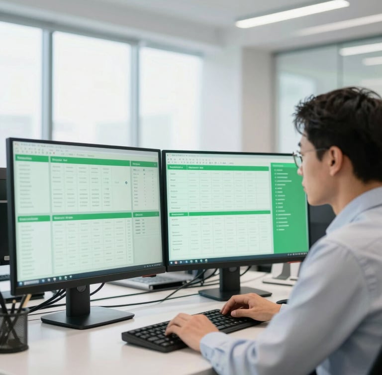 Close-up of a professional logistics coordinator in a modern office looking at digital tracking screens, bright daylight.