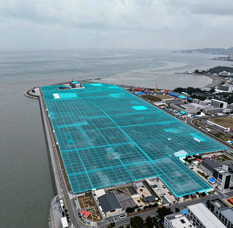 Top-down orthomosaic mapping overlay on a coastal development site, sharp cyan vector grid lines, cool overcast daylight, high-contrast technical photography, 35mm lens