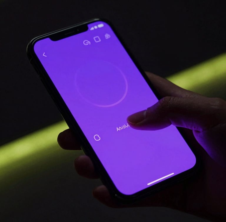 Dynamic angled shot of a modern Android phone displaying a fluid, neon-violet vector interface mockup, dark dark background with subtle cyber lime glow