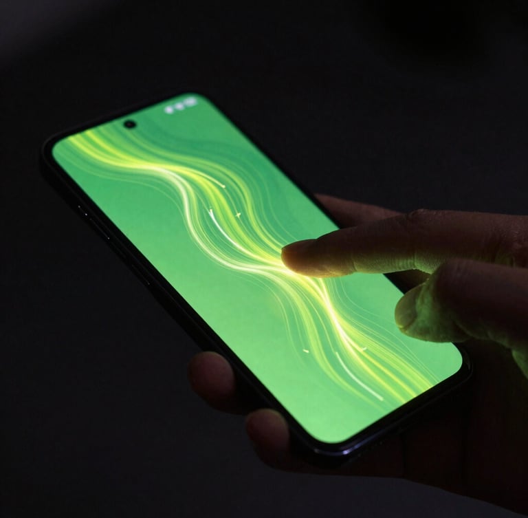 Dynamic angled shot of a modern Android flagship phone displaying fluid neon particles, electric cyber lime haptic waves radiating from a finger tap, dark moody ambient lighting