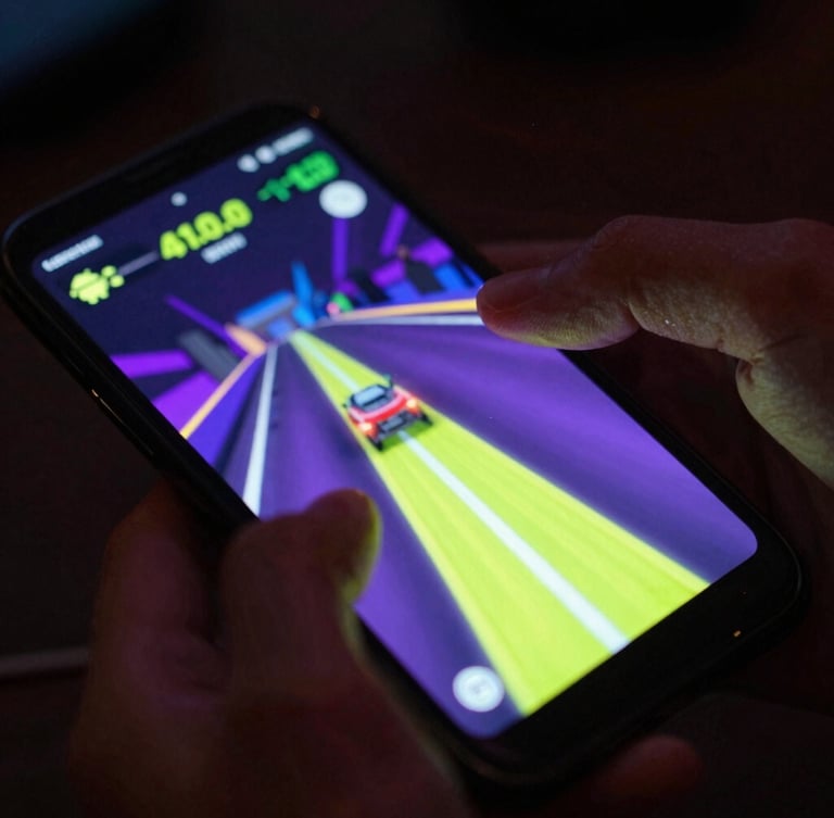 Extreme close-up dynamic angled shot of a high-fidelity Android phone displaying a fast-paced neon racing game, vibrant cyber lime and violet screen-glow casting onto a hand, dark moody ambient background, shallow depth of field.