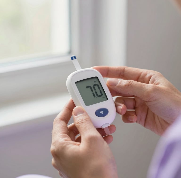 Close-up of gentle hands holding a modern blood glucose monitor under warm natural window light, soft focus background, clean and reassuring medical environment