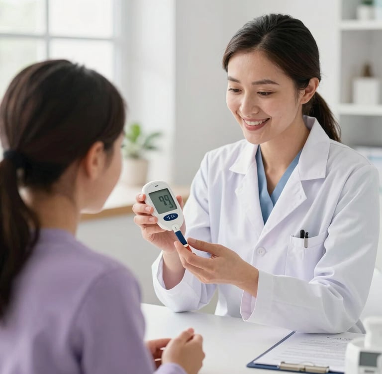 Warm editorial healthcare photography of a friendly pharmacist in Cuenca gently explaining a glucose meter to a family caregiver, soft natural daylight, gentle lilac and clean white tones, shallow depth of field, 35mm lens.