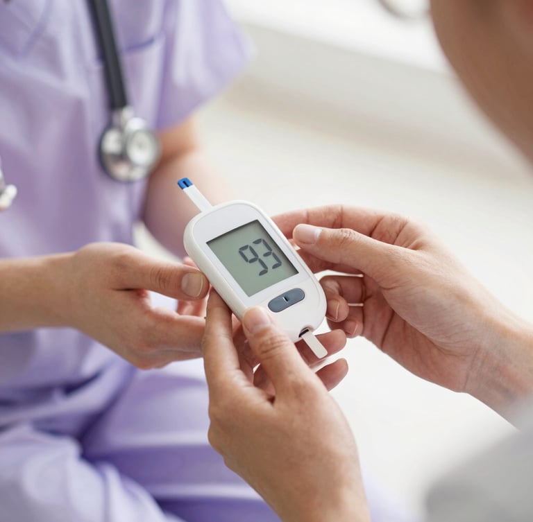 A close-up of supportive hands holding a glucose monitor during a warm consultation, soft natural light, shallow depth of field