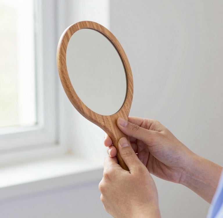 Close-up on hands holding a clean wooden foot mirror, soft natural window light, clinical but warm atmosphere, 35mm lens.