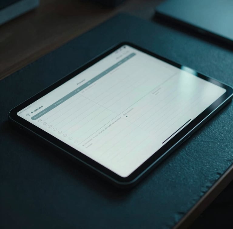 Tight macro shot of a modern digital tablet displaying a structured planner on a dark slate desk, subtle electric teal light reflecting on the screen, moody low-key ambient lighting, cinematic 35mm lens, sharp focus