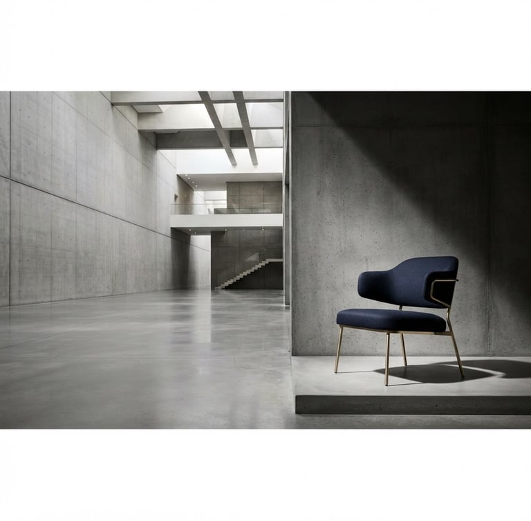Wide panoramic shot of a minimalist architectural interior with high ceilings and polished concrete, sharp studio lighting, subtle gold accents on a sleek, empty modern chair positioned to the right, creating expansive negative space.