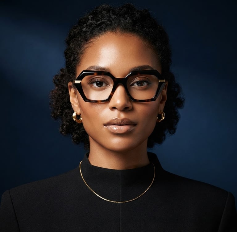 Elegant portrait of a model wearing high-fashion spectacles with architectural acetate frames, sharp studio lighting, deep navy backdrop, subtle gold accents on the frame, eye-level framing, crisp detail, premium editorial eyewear photography, high-contrast.