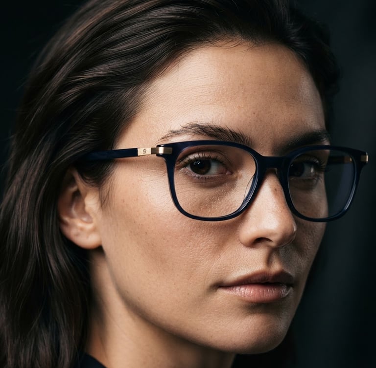 Close-up of sleek, dark acetate spectacle frames on a model, sharp studio lighting, deep navy and gold accents, high-contrast, crisp detail, 85mm lens