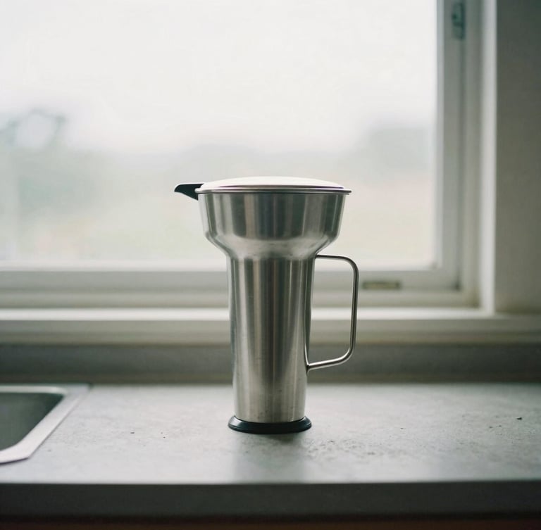 A minimalist stainless steel gravity water filter standing on a clean concrete countertop, soft overcast daylight through a window, muted natural tones.