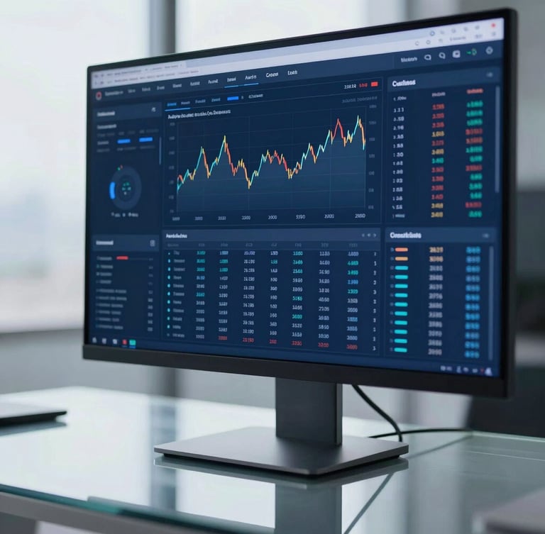 Close-up of a high-end data dashboard displaying financial metrics on a sleek monitor, cool blue screen glow reflecting off a glass tabletop, sharp focus, architectural depth