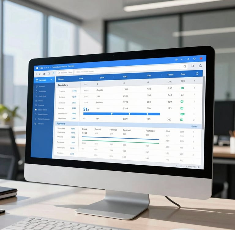 Editorial medium-close shot of a clean financial data dashboard on a modern desktop monitor, crisp natural daylight casting sharp shadows, cool blue screen glow, architectural lines of a corporate office in the background