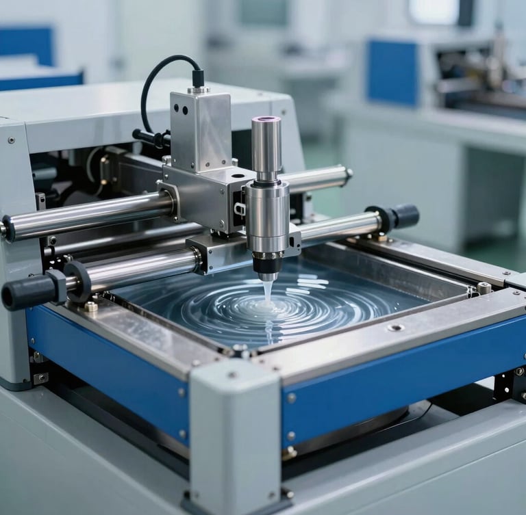 Wide shot of an industrial wave soldering machine in operation, showing molten solder wave, clean factory floor, bright cool studio lighting, metallic silver and deep blue tones, macro depth of field, 35mm