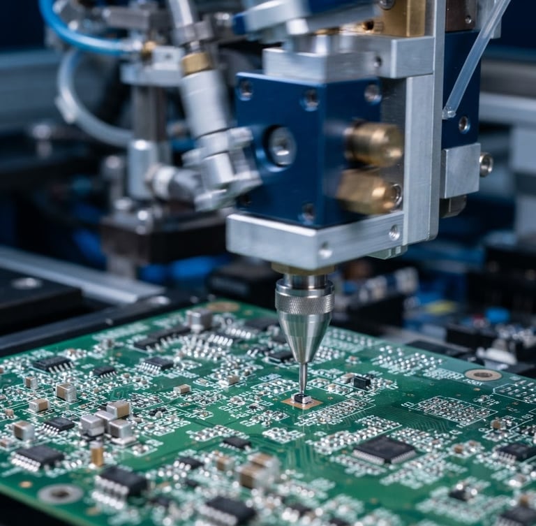 Close-up, macro shot of a robotic pick-and-place head in rapid motion, precisely placing a tiny surface mount component onto a PCB. Bright, cool industrial studio lighting, sharp focus, metallic silver and deep blue tones.