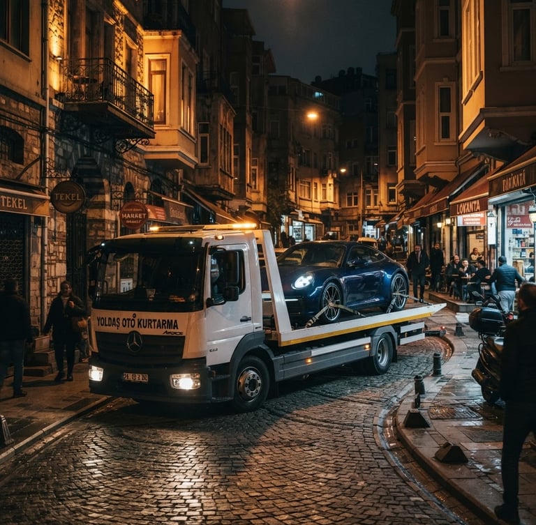 Modern flatbed tow truck expertly navigating a narrow, well-maintained street in Beşiktaş, Istanbul, under cinematic night-time streetlights, securing a luxury car, deep moody tones, sharp focus, high-end editorial style, 35mm lens.