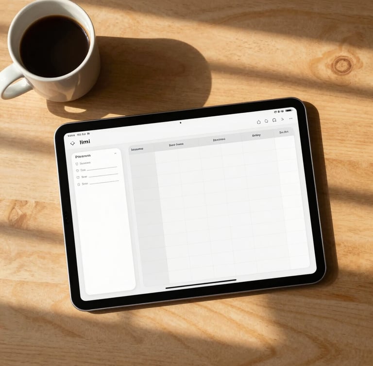 Overhead flat-lay of a tablet displaying a minimalist digital planner on a warm wooden desk, soft golden hour sunlight casting gentle window shadows, a ceramic coffee cup nearby, 35mm lens.
