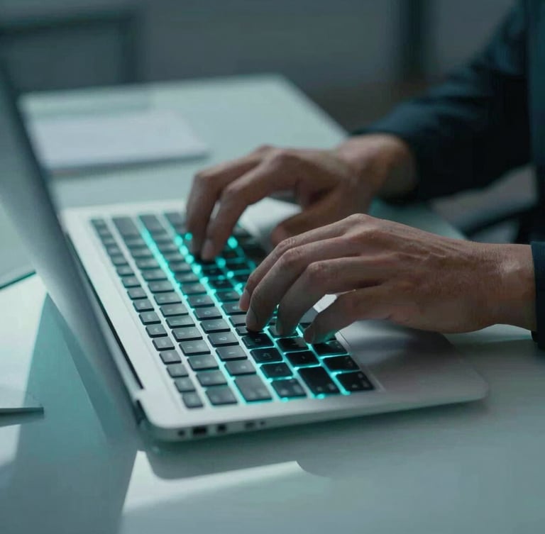 Close-up of hands typing on a modern keyboard, glowing teal screen reflection on sleek glass desk surface, cool studio lighting, sharp focus, 35mm
